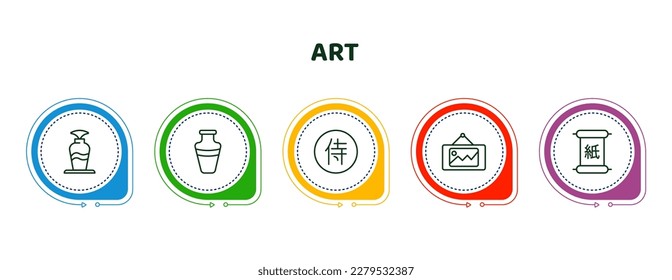 editable thin line icons with infographic template. infographic for art concept. included fountain jar, ceramic vase, kanji character, picture in frame, chinese paper writing icons.