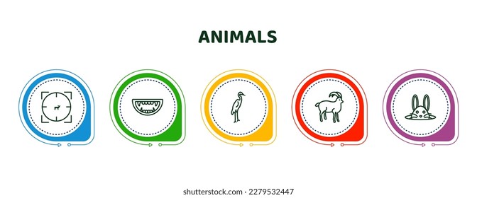 iconos editables de línea delgada con plantilla infográfica. infografía para el concepto de animales. incluye caza, boca monstruo, garza, ratón, íconos de conejito.