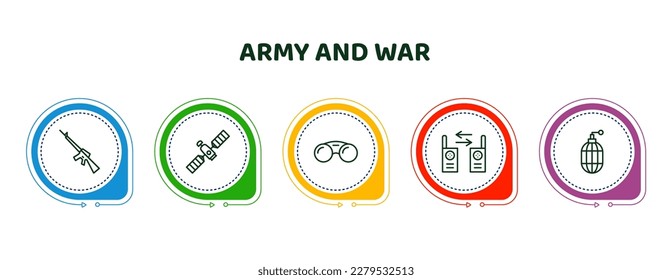 editable thin line icons with infographic template. infographic for army and war concept. included automatic gun, military satellites, binoculars, two way radio, whizbang with rong icons.