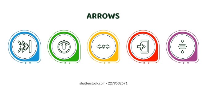 iconos editables de línea delgada con plantilla infográfica. infografía para el concepto de flechas. omisión de pista incluida, entrada hacia arriba, redondeo, entrada a la izquierda, centro alinear iconos.
