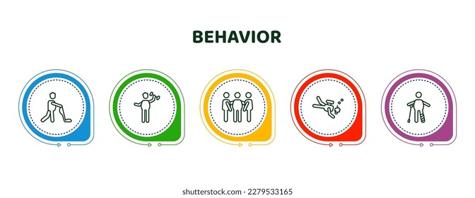 editable thin line icons with infographic template. infographic for behavior concept. included man vacuum, man fitness, three men conference, man diving, with broken leg icons.