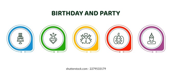 editable thin line icons with infographic template. infographic for birthday and party concept. included birthday, love potion, wedding bells, halloween, birthday boy icons.
