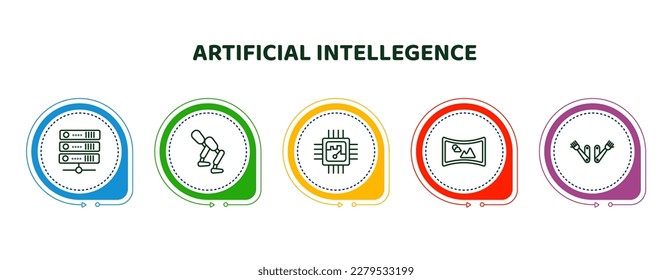 iconos editables de línea delgada con plantilla infográfica. infografía para el concepto de inteligencia artificial. incluyeron servidores, prótesis, chip, iconos inmersivos y biónicos del brazo.