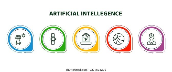 editable thin line icons with infographic template. infographic for artificial intellegence concept. included solar energy car, wristwatch, artificial atmosphere, ball, nurse icons.