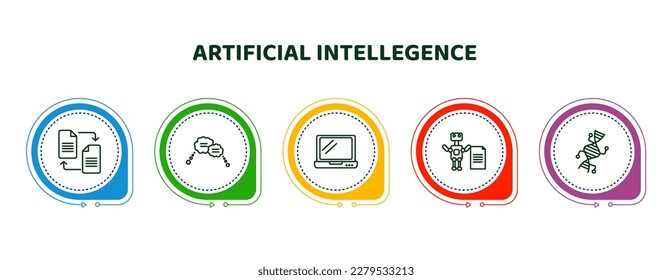 iconos editables de línea delgada con plantilla infográfica. infografía para el concepto de inteligencia artificial. incluye transferencia de archivos, burbuja de voz, laptop, leyes de robótica, íconos de modificación genética.