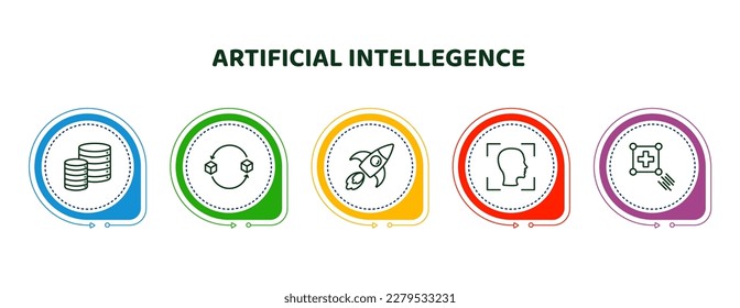 editable thin line icons with infographic template. infographic for artificial intellegence concept. included database, replacement, rocket, face recognition, match moving icons.