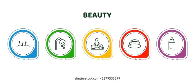 editable thin line icons with infographic template. infographic for beauty concept. included acupuncture, shower place, relaxing massage, stone massage, baby powder icons.