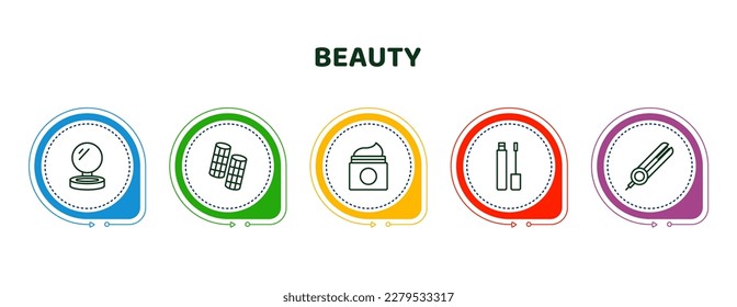 editable thin line icons with infographic template. infographic for beauty concept. included blush, curlers, moisturizer, concealer, flat iron icons.