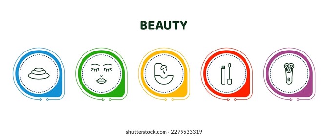 editable thin line icons with infographic template. infographic for beauty concept. included three stones, woman face, hair washer sink, lip gloss, electric shaver icons.