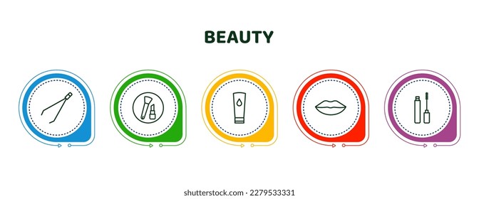 editable thin line icons with infographic template. infographic for beauty concept. included tweezers, women makeup, face cleanser, lips, mascara icons.