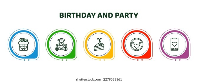 editable thin line icons with infographic template. infographic for birthday and party concept. included wedding present, wedding carriage, cake slice, love plate, love smartphone icons.