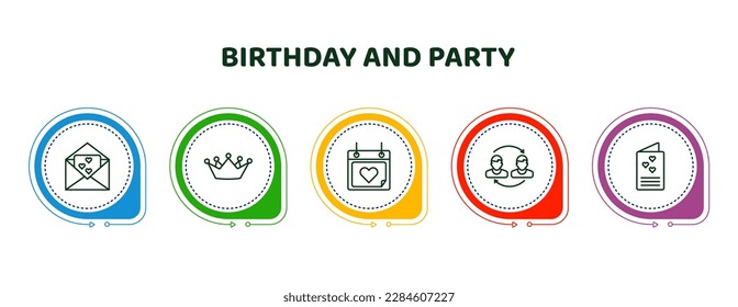 editable thin line icons with infographic template. infographic for birthday and party concept. included wedding invitation, wedding crown, love calendar, relationship, wedding letter icons.