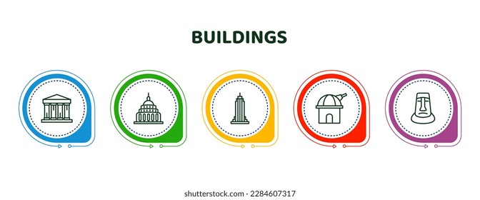 editable thin line icons with infographic template. infographic for buildings concept. included greece, capitol building, state building, space, rapa nui icons.