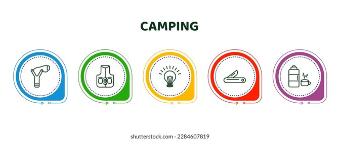 iconos editables de línea delgada con plantilla infográfica. infografía para el concepto de camping. se incluyeron hondas, chaleco de pesca, lámpara, cuchillo de bolsillo, iconos termos.