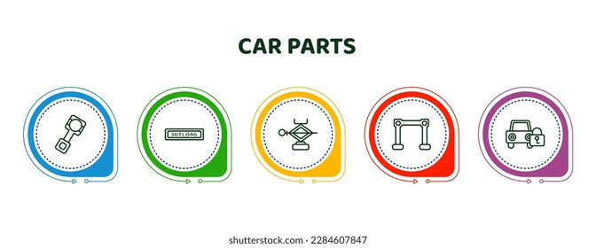 iconos editables de línea delgada con plantilla infográfica. infografía para el concepto de piezas de auto. incluido pistón de coche, placa de número de coche, jack, barra de torsión, iconos de bloqueo.