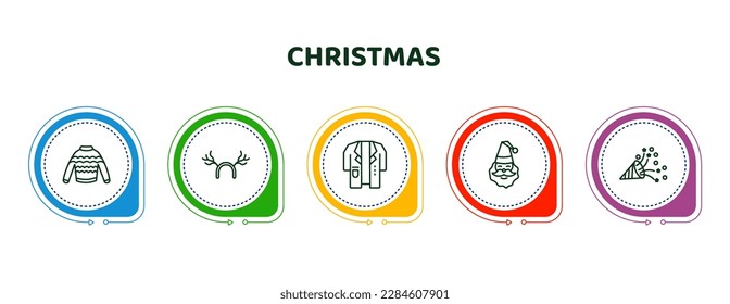 editable thin line icons with infographic template. infographic for christmas concept. included winter sweater, reindeer antlers, doctor coat, mrs claus, birthday and party icons.