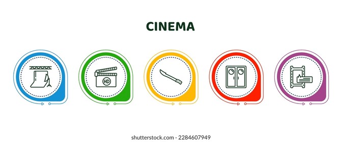 iconos editables de línea delgada con plantilla infográfica. infografía para el concepto de cine. incluidos los iconos de estudio, hd, hete, puerta, subtítulo.