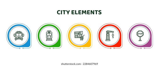 editable thin line icons with infographic template. infographic for city elements concept. included fire truck, subway, supermarket, tower crane, stop icons.