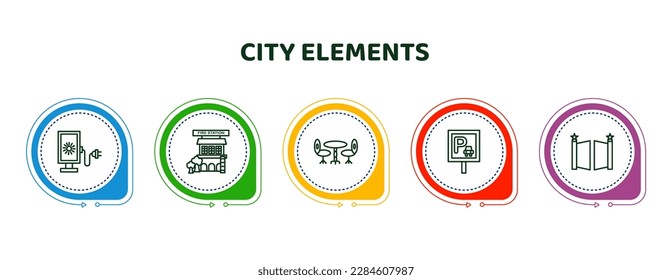 editable thin line icons with infographic template. infographic for city elements concept. included lightbox, fire station, chair and table, parking, gate icons.
