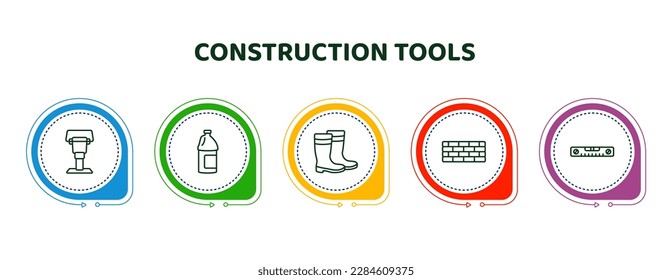 editable thin line icons with infographic template. infographic for construction tools concept. included rammer, gallon oil, rubber boots, brick, plumb rule tool icons.