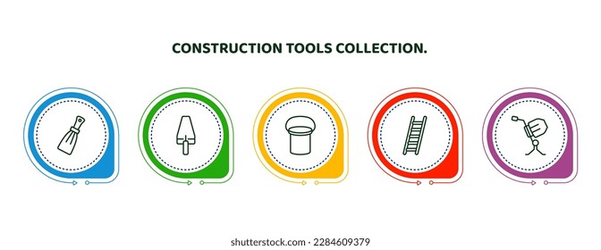 editable thin line icons with infographic template. infographic for construction tools collection. concept. included scratcher tool, gardening palette, bucket, ladder, cement mixers icons.