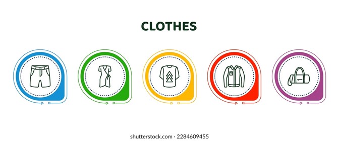 editable thin line icons with infographic template. infographic for clothes concept. included chino shorts, jersey wrap dress, t shirt with de, denim jacket, barrel handbag icons.