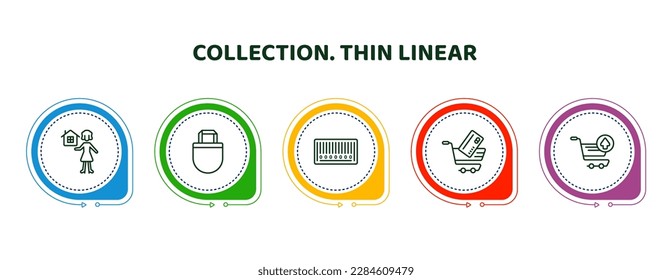 iconos editables de línea delgada con plantilla infográfica. infografía para colección. concepto lineal delgado. mujer con hipoteca, bolso de tote, código de barras con ceros, carrito de herramientas, sacar del carro