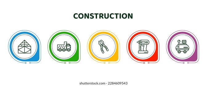 editable thin line icons with infographic template. infographic for construction concept. included joist, tipper, inclined clippers, nail gun, air compressor icons.