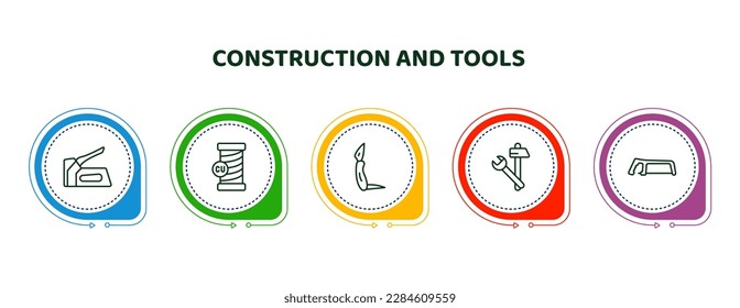 iconos editables de línea delgada con plantilla infográfica. infografía para construcción y concepto de herramientas. incluyeron cañón básico, cobre, navaja, mejoría, íconos de sierra metálica.
