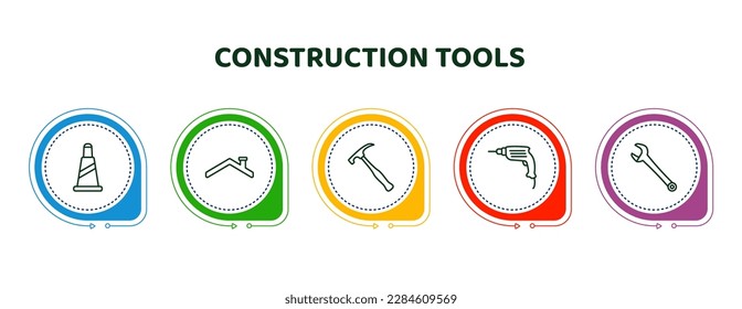 iconos editables de línea delgada con plantilla infográfica. infografía para el concepto de herramientas de construcción. incluye cono de tráfico, techo, martillo de ladrillo, taladro de mano, iconos de reparación de llave.
