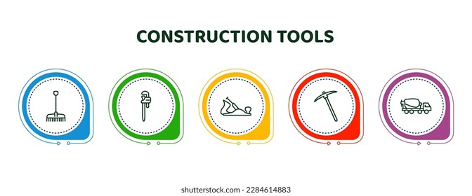 editable thin line icons with infographic template. infographic for construction tools concept. included gardening rake, stillson wrench, jack plane, pick axe, concrete mixer icons.