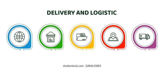 editable thin line icons with infographic template. infographic for delivery and logistic concept. included earth grid, warehouse, dossier, localize, logistics icons.