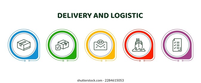 editable thin line icons with infographic template. infographic for delivery and logistic concept. included packages, package checking, zip code, ocean transportation, delivery list icons.