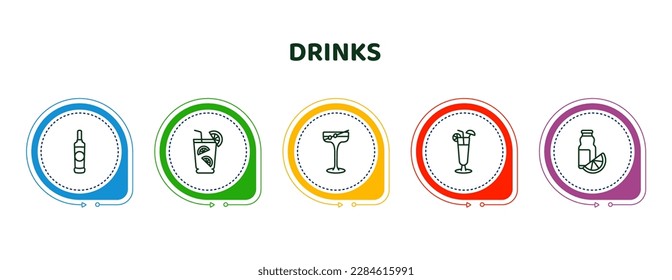 iconos editables de línea delgada con plantilla infográfica. infografía para bebidas. incluyen vodka, caipirinha, manhattan, sex on the beach, iconos de botellas de jugo.