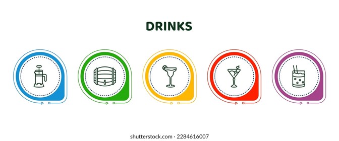 editable thin line icons with infographic template. infographic for drinks concept. included french press, cask, margarita, 007 martini, mind eraser drink icons.