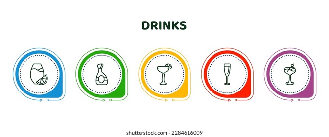 editable thin line icons with infographic template. infographic for drinks concept. included fruit juice, cognac, daiquiri, glass of wine, last word drink icons.
