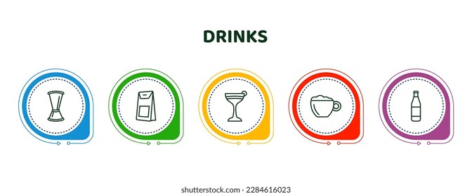 editable thin line icons with infographic template. infographic for drinks concept. included jigger, coffee bag, flirtini, cappuccino, lime rickey drink icons.