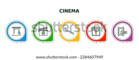 editable thin line icons with infographic template. infographic for cinema concept. included studio, hd, hete, doorway, subtitle icons.