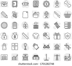 Editable thin line isolated vector icon set - basket, bridge, goverment house, ruler, steam pan, mop vector, rubber glove, shining window, cook press, cutting board, hand mill, cookbook, sieve, safe