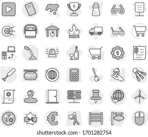 Editable thin line isolated vector icon set - store signboard, microbe vector, door, real estate, delivery, rack, inflatable mattress, satellite, data transfer, orbit, vr helmet, blender, warehouse