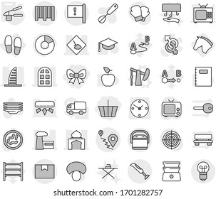 Editable thin line isolated vector icon set - basket, bow, under construction, skyscraper, minaret, factory, arch window, important flag, route, package box, bar code, slippers, oil pump vector, tv