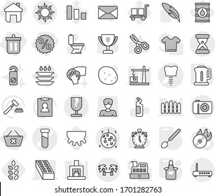 Editable thin line isolated vector icon set - bin, delete cart, home, percent, sand clock vector, test vial, tooth implant, brick, fragile, sun, disco ball, palm hammock, plate washing, kettle, pen