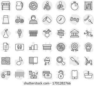 Editable thin line isolated vector icon set - hand coin, percent, bar code, medal, bone, sperm vector, architector, client, label, invalid, analytics, chef knife, pear, beet, cleaner trolley, sponge