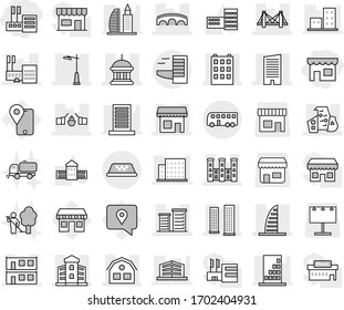 Editable thin line isolated vector icon set - shop, store, bridge, drawbridge, goverment house, building, skyscrapers, skyscraper, mall, modern architecture, modular, district, palace, outdoor light