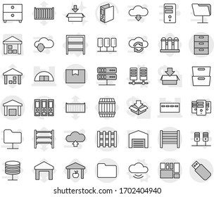 Editable thin line isolated vector icon set - archive vector, bunker, hangare, package box, consolidated cargo, documents, warehouse, rack, pallet, server, cloud service, barrel, grain elevator, usb