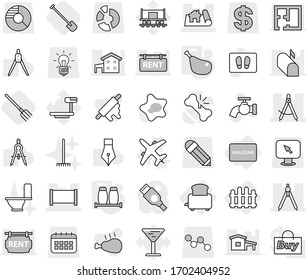 Editable thin line isolated vector icon set - draw compass, project, fence, drawing compasses, toaster, welcome mat, plane vector, salt pepper, chicken leg, shovel, fork, water tap, splotch, rake