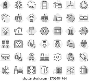 Editable thin line isolated vector icon set - barrel, bulb, barometer, remote control, electricity, power socket, speaker, radiator, floor lamp, atom vector, magnetic field, magnet, electric, led