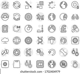 Editable thin line isolated vector icon set - donut, dna vector, bone, globe, earth, disco ball, dog, ring button, cutting board, gears, cd, mushroom, wheel, reload, toilet brush, glasses, world