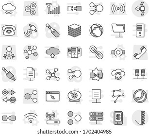 Editable thin line isolated vector icon set - satellite, connect vector, charge particle, cloud service, web camera, wireless, router, antenna signal, molecule, share, gear, phone, satellitie, jack