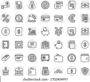 Editable thin line isolated vector icon set - credit card, account balance, receipt, percent, cashbox, atm, library, office, dollar coin vector, gold ingot, wallet, money bag, piggy bank, investment